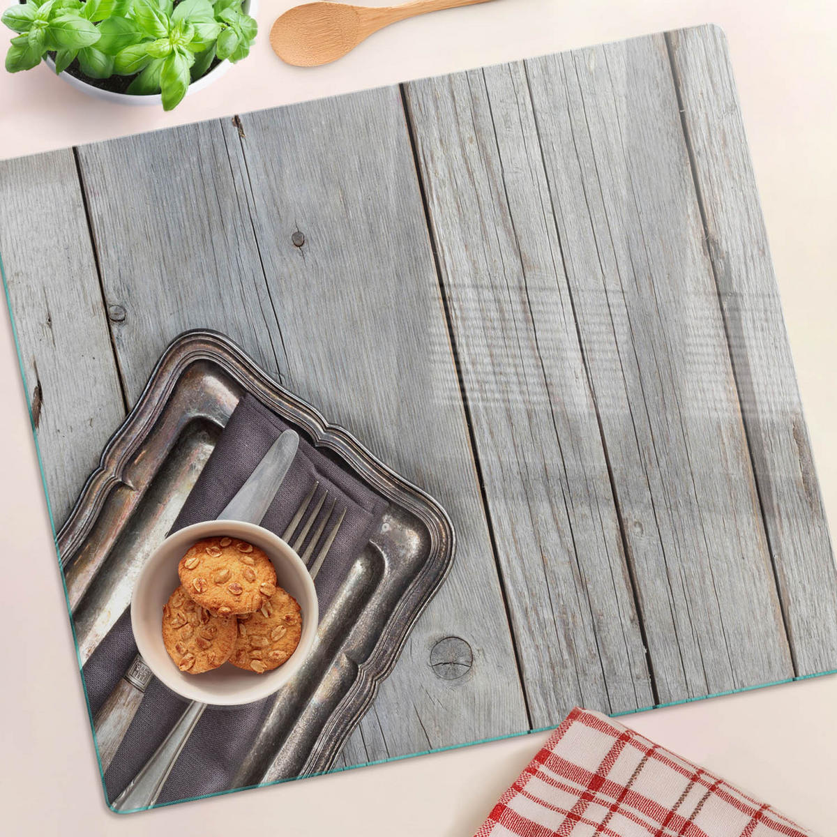 GLASPLATTE 60x52 cm Besteck auf Brettern - Beige, Glas (60/0.4/52cm) - TULUP
