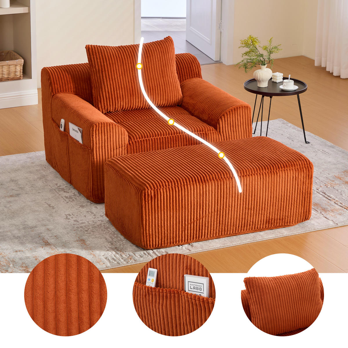 SOFA Cord Orange mit Fußhocker, Seitentaschen und Kissen - Orange, Textil (110/67/147cm) - WISHDOR