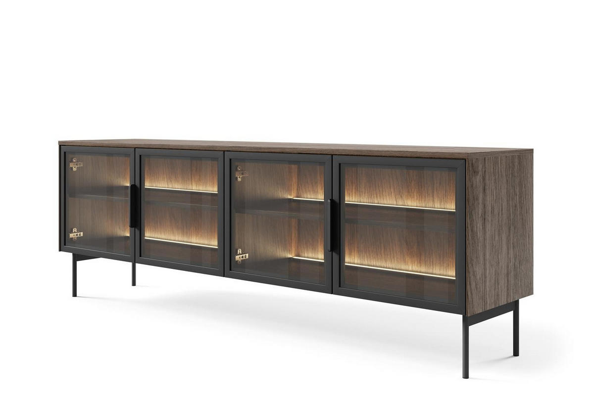 TV-SCHRANK Ilumi Eiche Dunin, Viertürig - Eichefarben/Schwarz, Holzwerkstoff/Metall (181/62/39cm) - Bettso