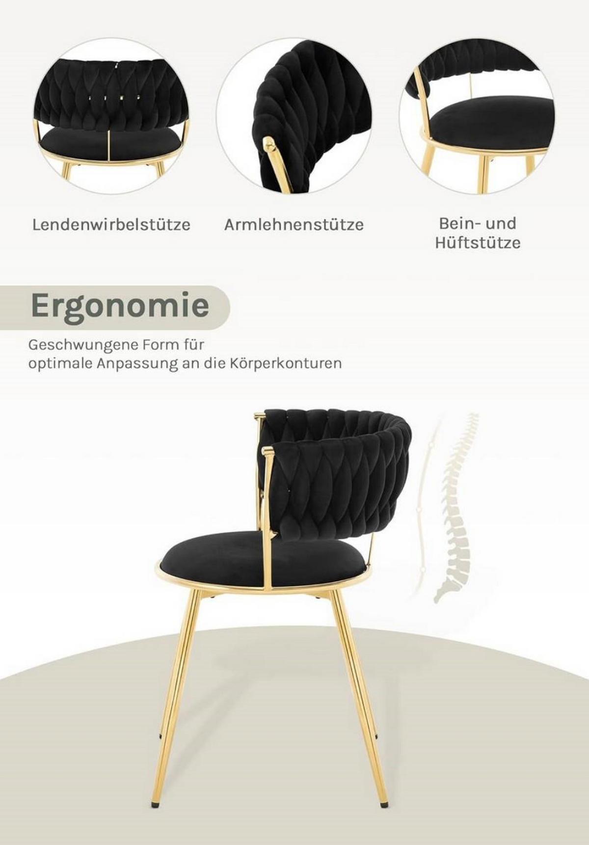 ESSZIMMERSTUHL 2er Set mit gewebter Rückenlehne, Samt, Schwarz - Schwarz, Kunststoff/Textil (56.5/74.5/53cm) - Woltu