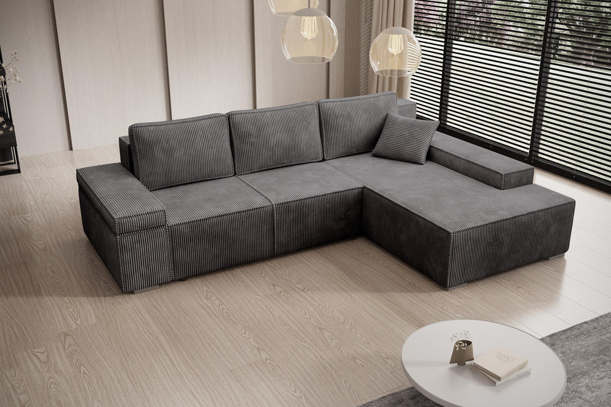 ECKSOFA Milo mit Schlaffunktion und Bettkasten, Couch L-Form, Cord-Stoff, 273x85x185 cm, Dunkelgrau - Dunkelgrau, Holz (273/185cm) - PROMETO Möbel