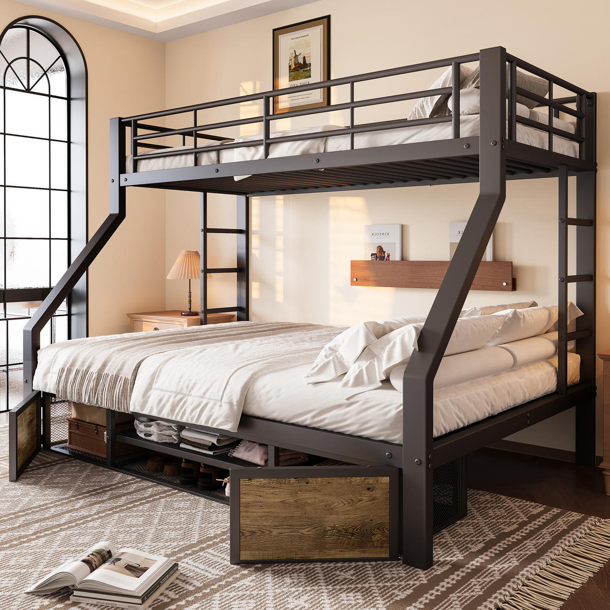 ETAGENBETT 90x200cm + 140x200cm Schwarz Kinderbett Schuhschrank EN747 - Schwarz, Metall (140/200cm) - FLIEKS