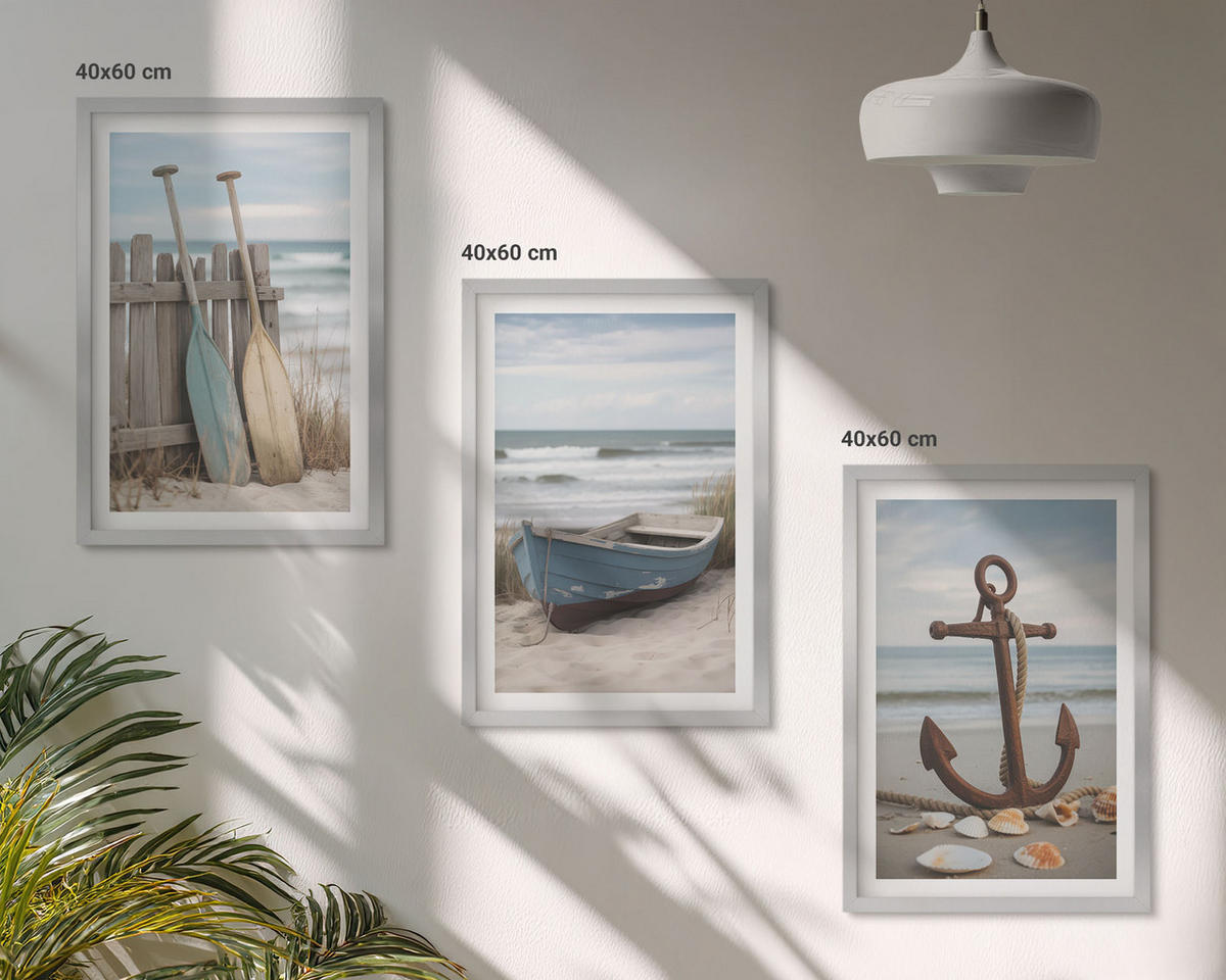 BILDER SET 3er Set - 40x60 cm Silberner Rahmen - Strandbootanker Sand - Silberfarben, Kunststoff (40/60cm) - TULUP