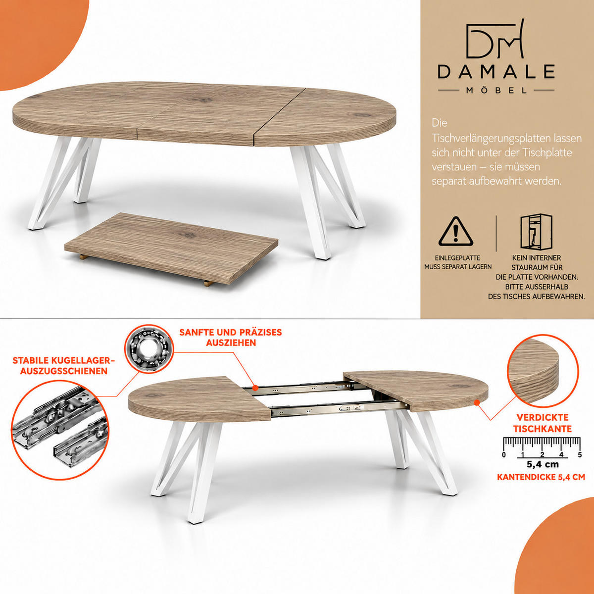 ESSTISCH rund ausziehbar 100/300/76 cm, Graubraun Eiche Halifax Egger, 54 cm Tischplatte + Industrial Metallgestell Weiß - Eichefarben/Graubraun, Holzwerkstoff/Metall (100/300/76cm) - Damale Möbel