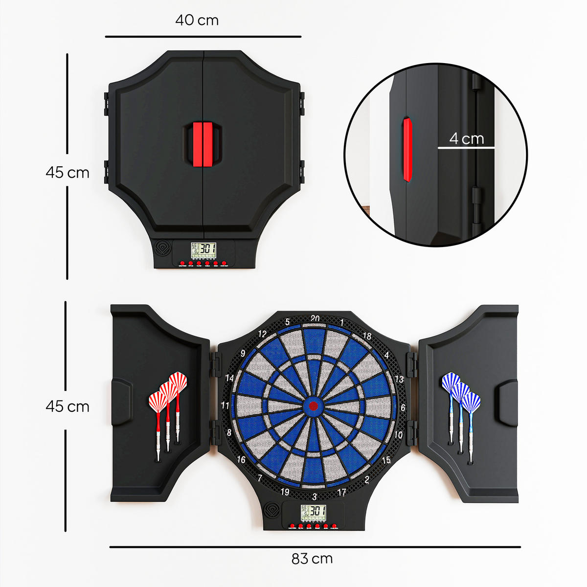 DARTSCHEIBE DE-18828 31 Spiele, 2 Klapptüren Schwarz - Blau, Kunststoff (45/4/83cm) - ComfortXL
