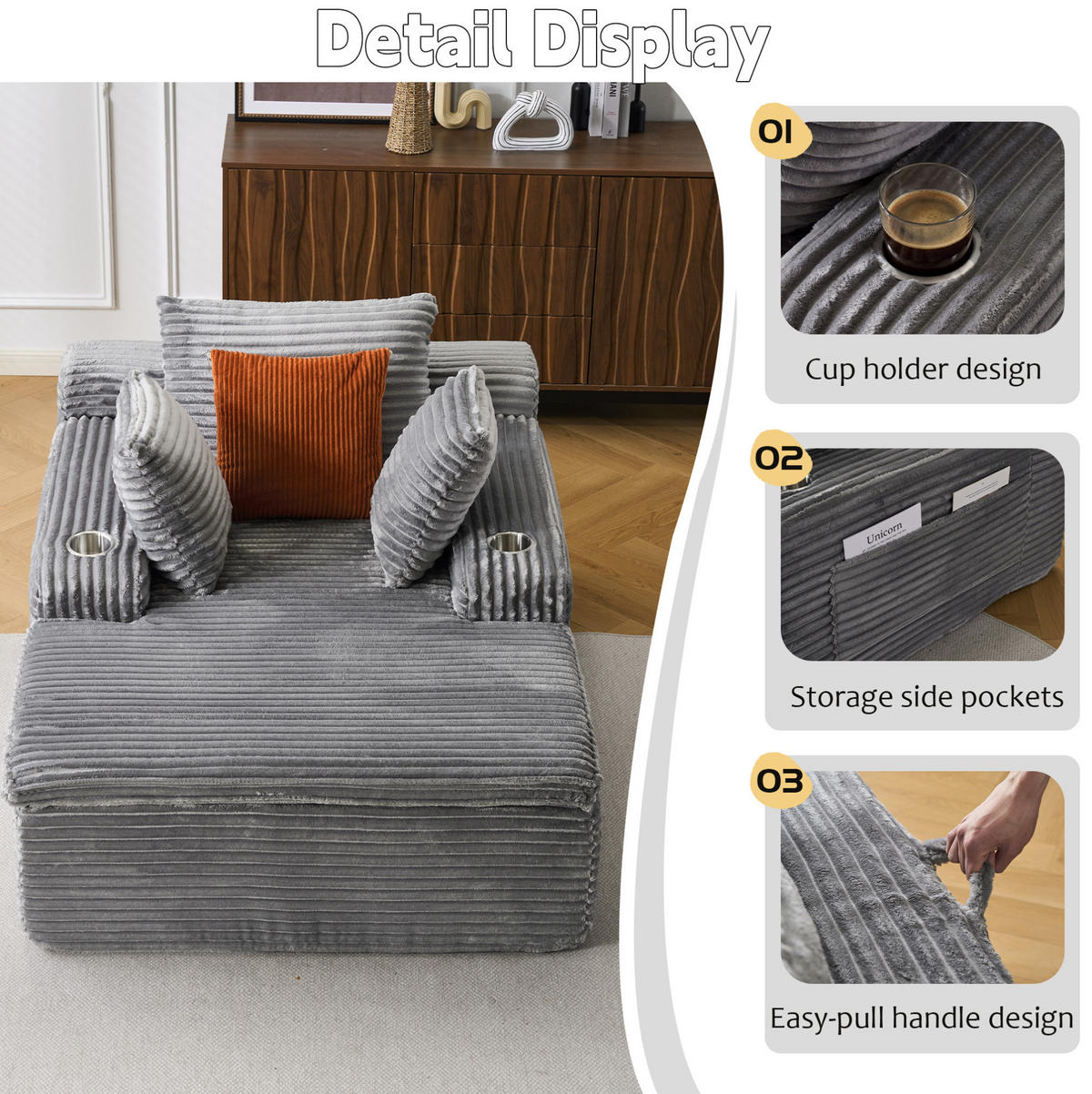 SOFA mit Chaise Lounge Grau Cord - Grau, Kunststoff (112/63/165cm) - Meubliv