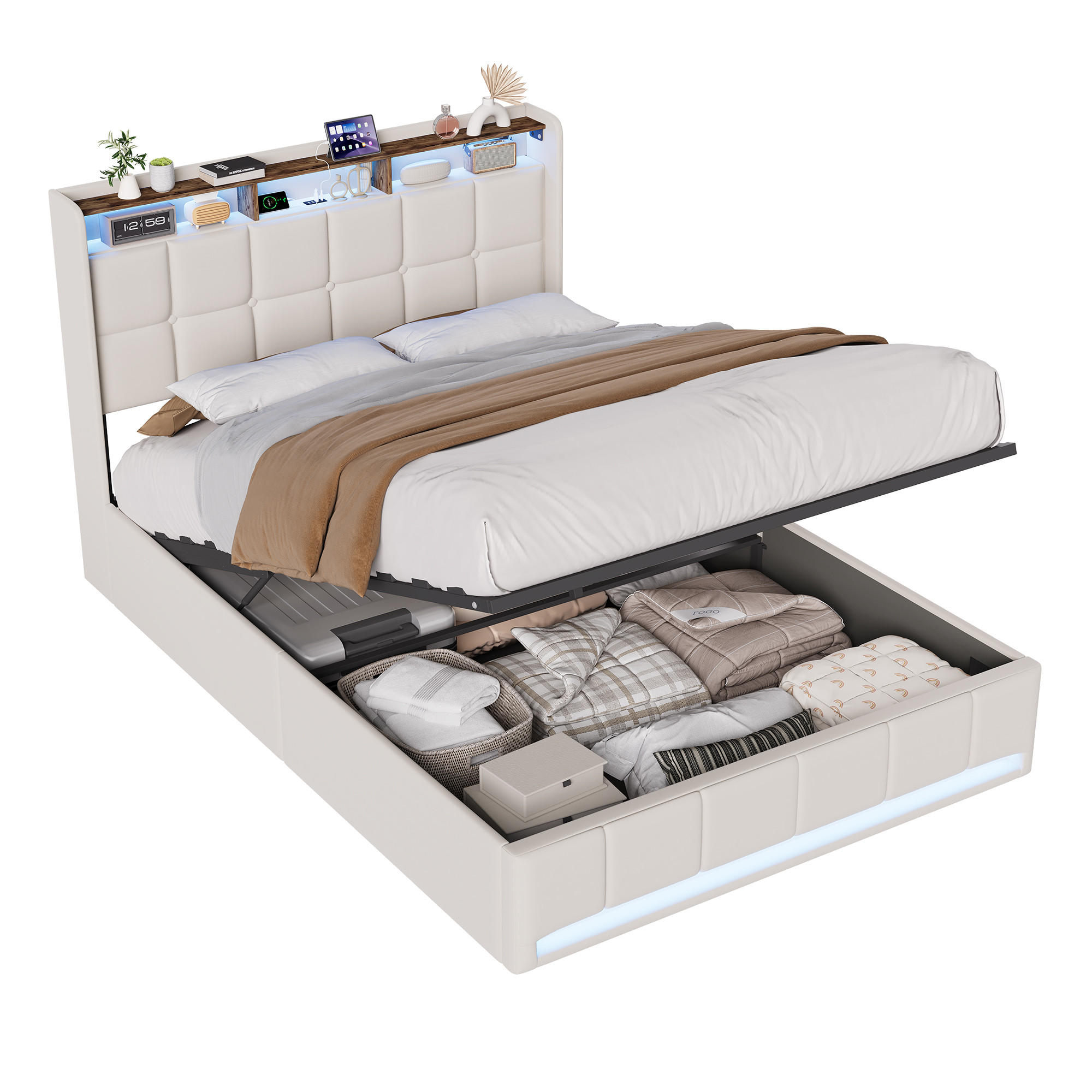 ČALÚNENÁ posteľ 140x190cm béžová látka, box na posteľ s plynovým ovládaním, LED, USB - béžová, drevo - SHOPENTRA