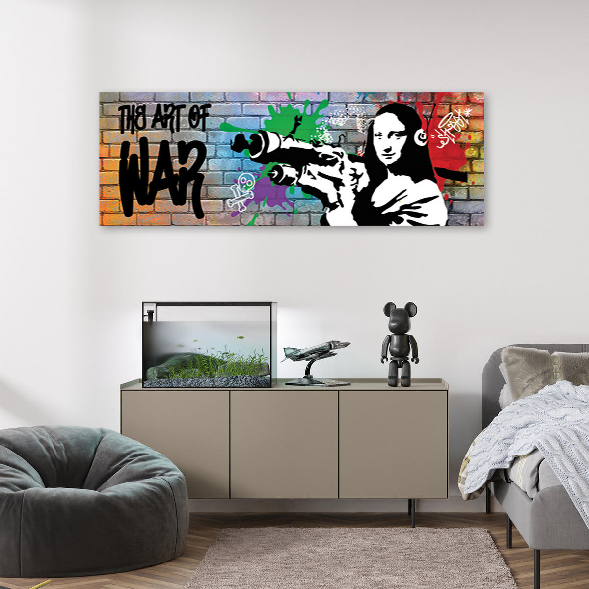 WANDBILD banksy mona lisa und die panzerfaust - Multicolor, Textil (90/30cm) - Feeby