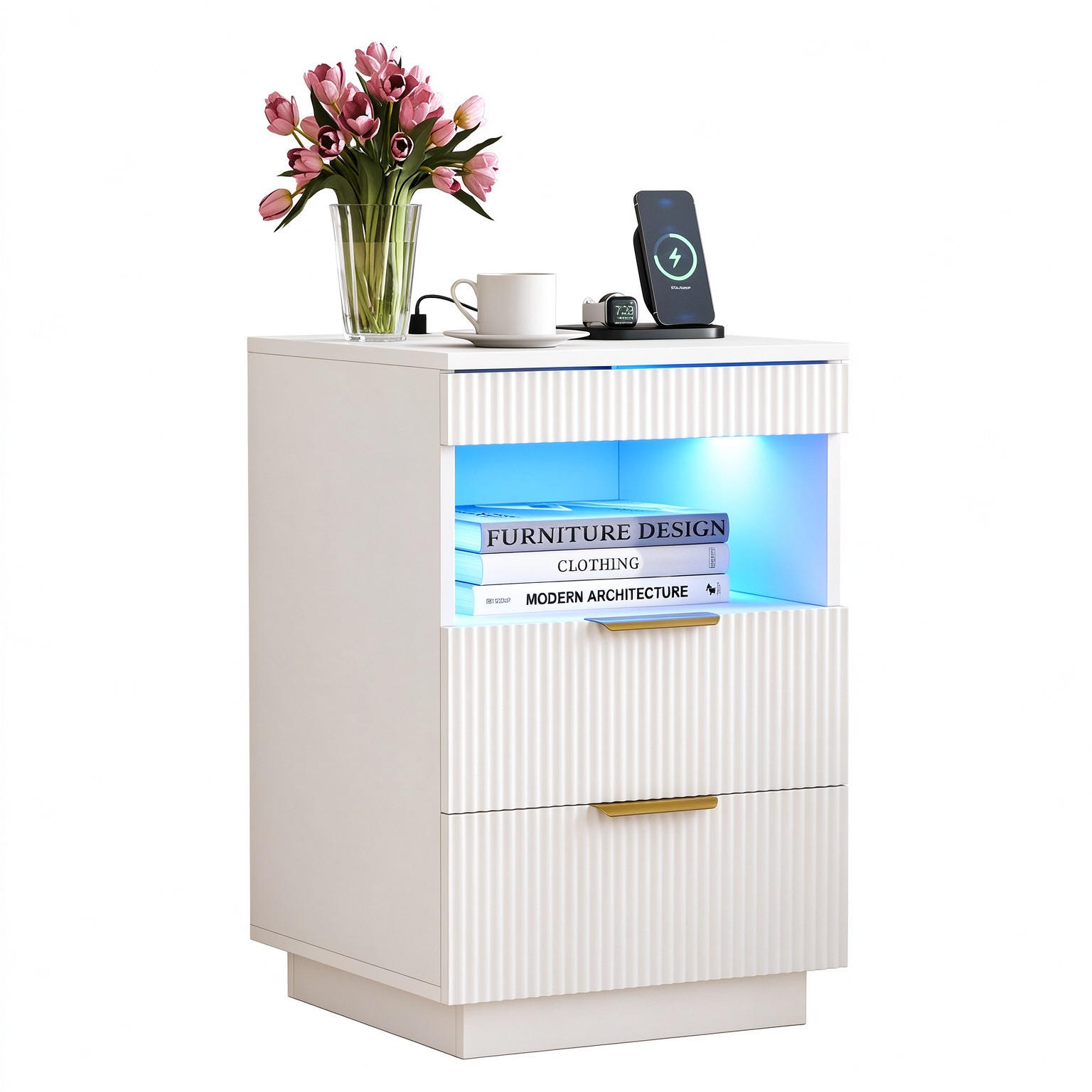 NACHTSHRANK Weiß mit LED-Beleuchtung, Steckdose, USB & Type-C, Nachttisch mit 2 Schubladen, 40/40/60 cm - Goldfarben/Weiß, Holz/Metall (40/60/40cm) - BPKADHY