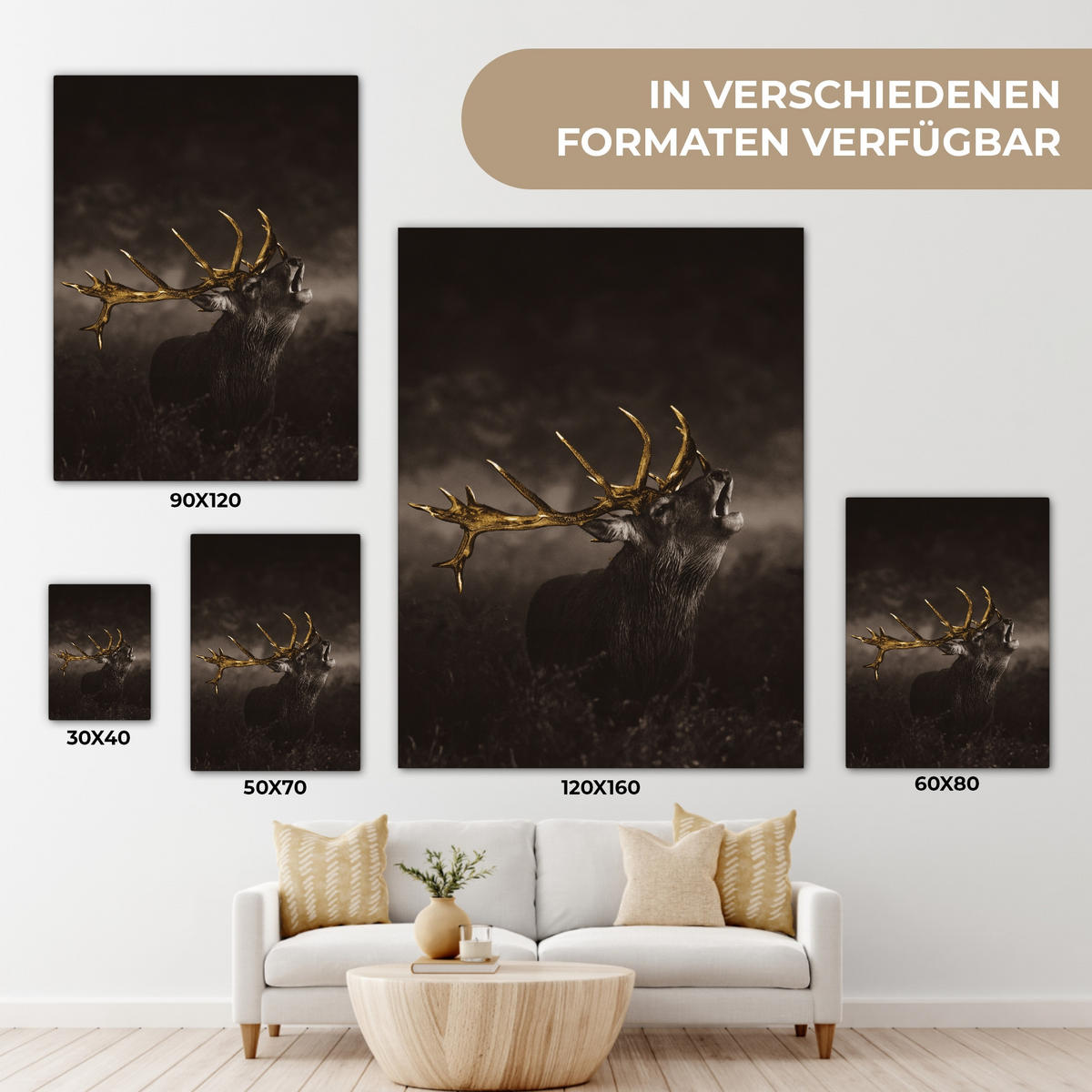 LEINWANDBILD Rotwild - Schwarz - Gold 30x40 cm - Braun, Textil (30/40cm) - MuchoWow