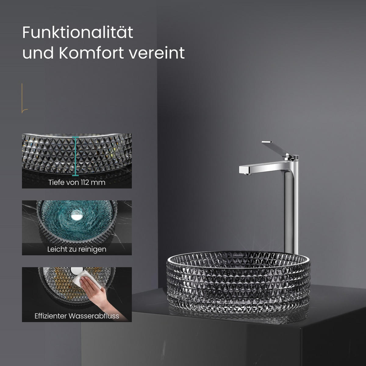 WASCHBECKEN Glas Schwarz Rund 36/ 36/ 11,2 cm - Schwarz, Glas (36/11.2/36cm) - EMKE