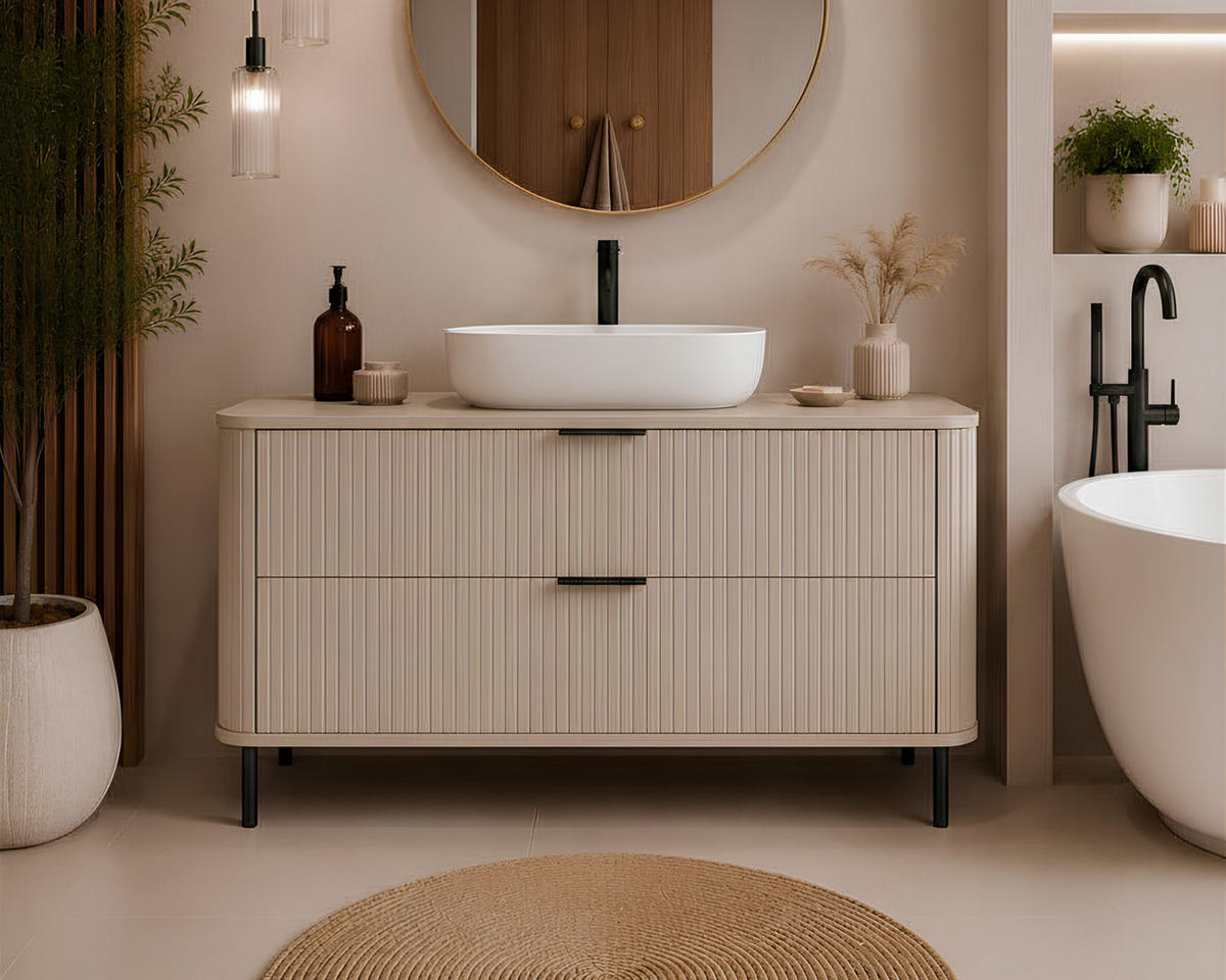 BADEZIMMERSCHRANK : Farbe Kaschmir, Griff schwarz, Füße schwarz, 120 x 41,5 x 66,7 cm - Kaschmir/Schwarz, Holzwerkstoff (120/66.7/41.5cm) - 3XE LIVING
