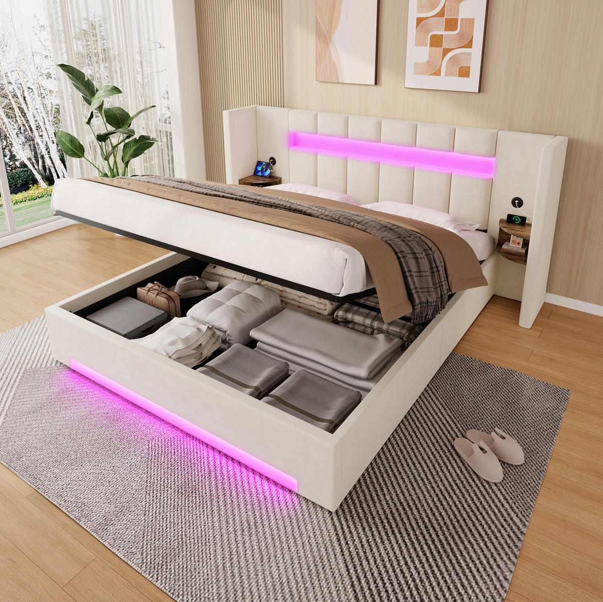 POLSTERBETT 180/200 cm mit USB-Anschlüssen, LED-Beleuchtung, Hydraulik-Stauraum und Retro-Schränken, Beige - Beige, Textil (180/200cm) - Redom