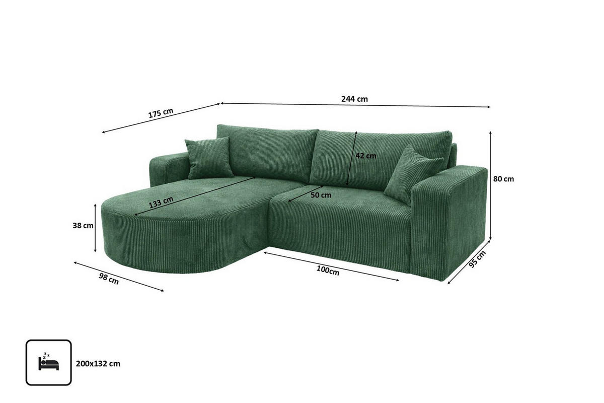 ECKSOFA Mit Schlaffunktion, Cordstoff Poso, Grün, Links, ROUND ONE - Grün, Holz (244/175cm) - Kaiser Möbel