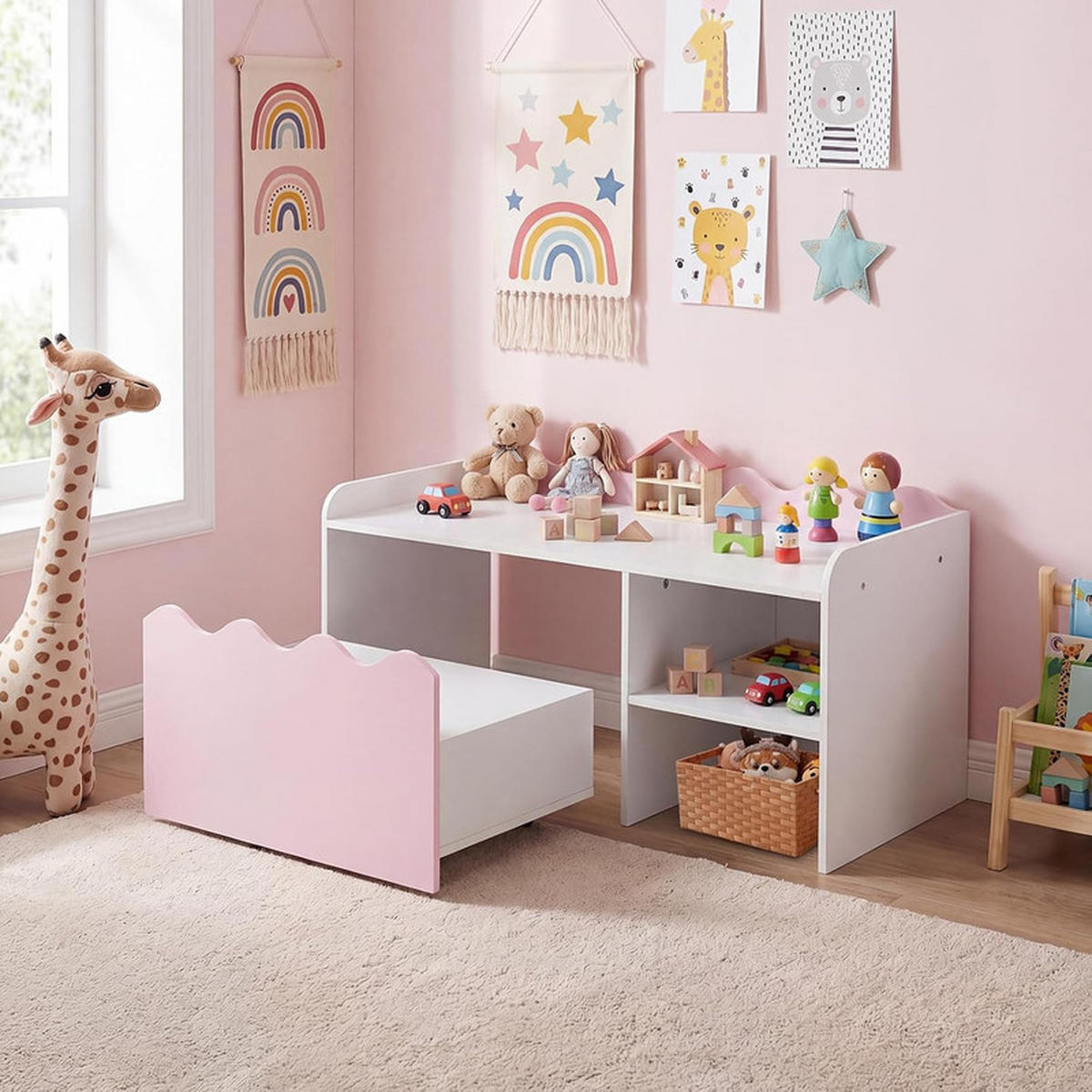 KINDERTISCH mit Rollen rosa(2-tlg) - Pink, Holzwerkstoff (89.5/45/40cm) - COSTWAY