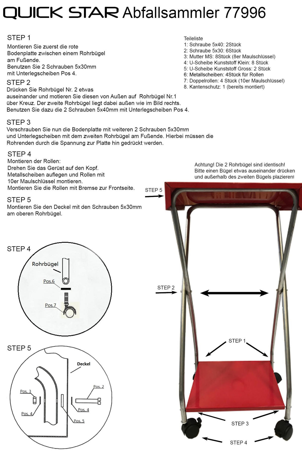 ROLLBARER Müllsackständer mit 4 Rollen 120 Liter - Rot, Metall (38/90/38cm) - QUICK STAR