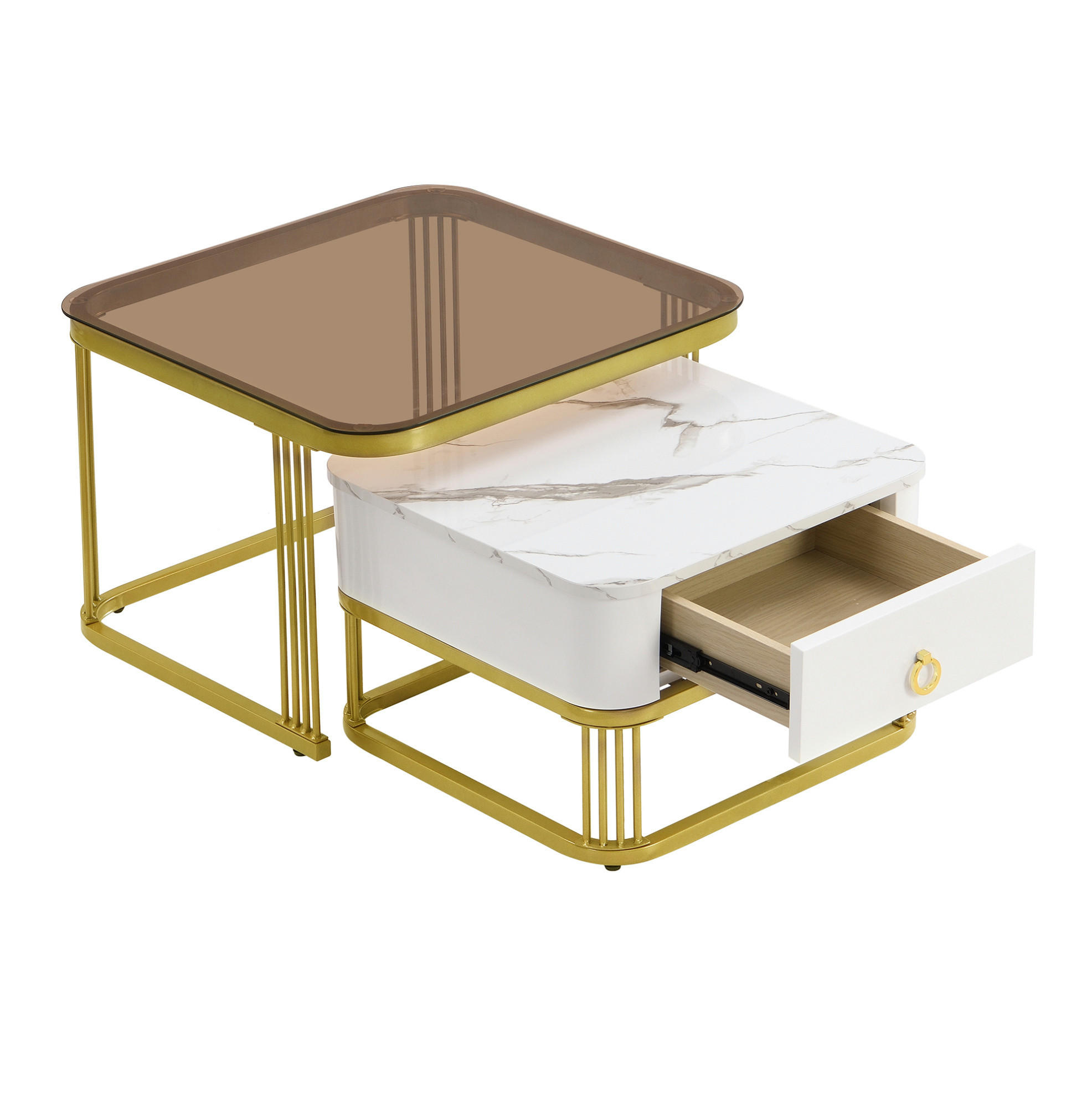 Modfu SADA konferenčních stolků z MDF 60x60x44,5 cm bílá, čajově hnědá a zlatá se zásuvkou v mramorovém vzhledu