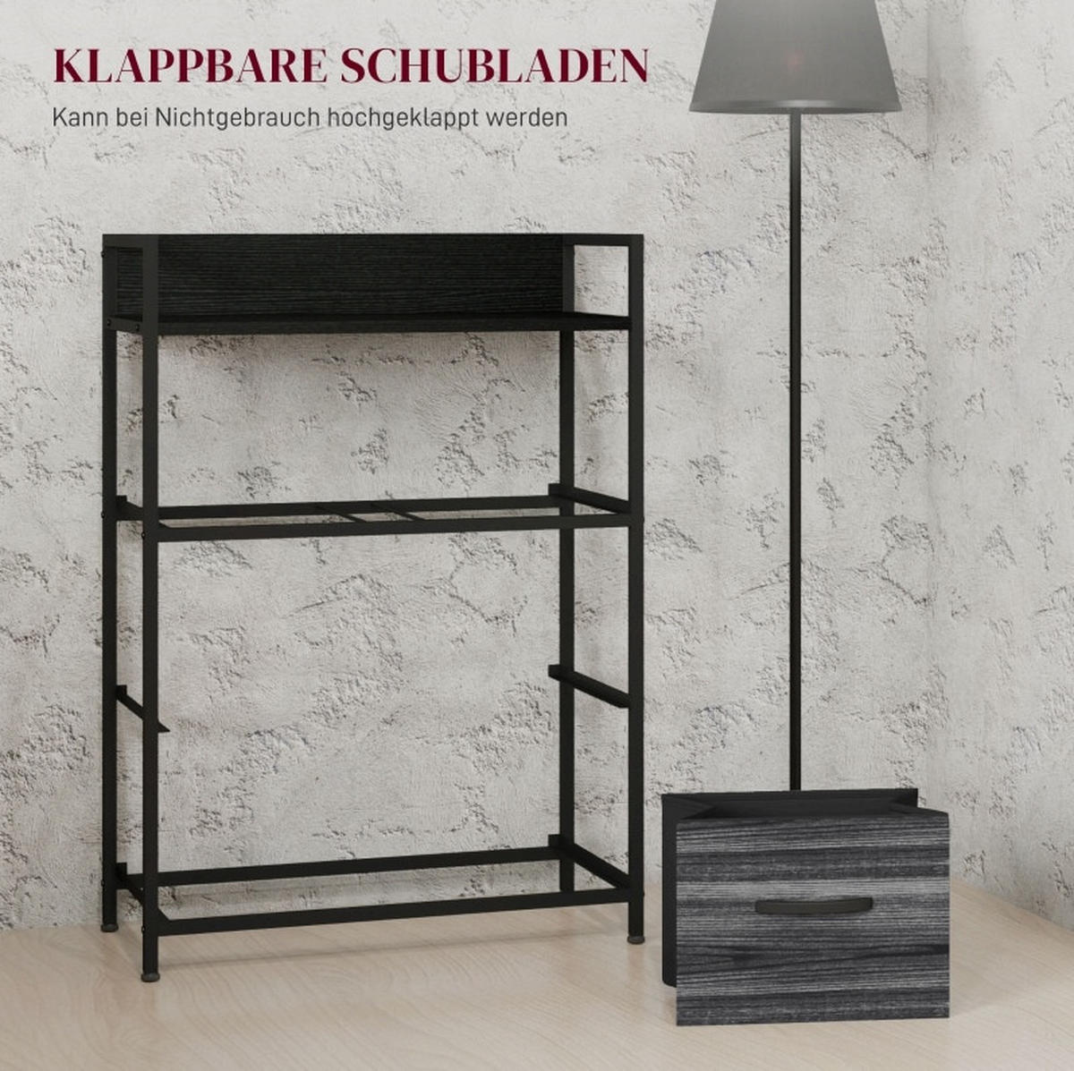 KOMMODE aus Polyester und Stahl 29x60x85 cm Schwarz mit 4 Stoffschubladen und Ablage im Industrial-Stil - Schwarz, Holzwerkstoff (60/85/29cm) - Modfu