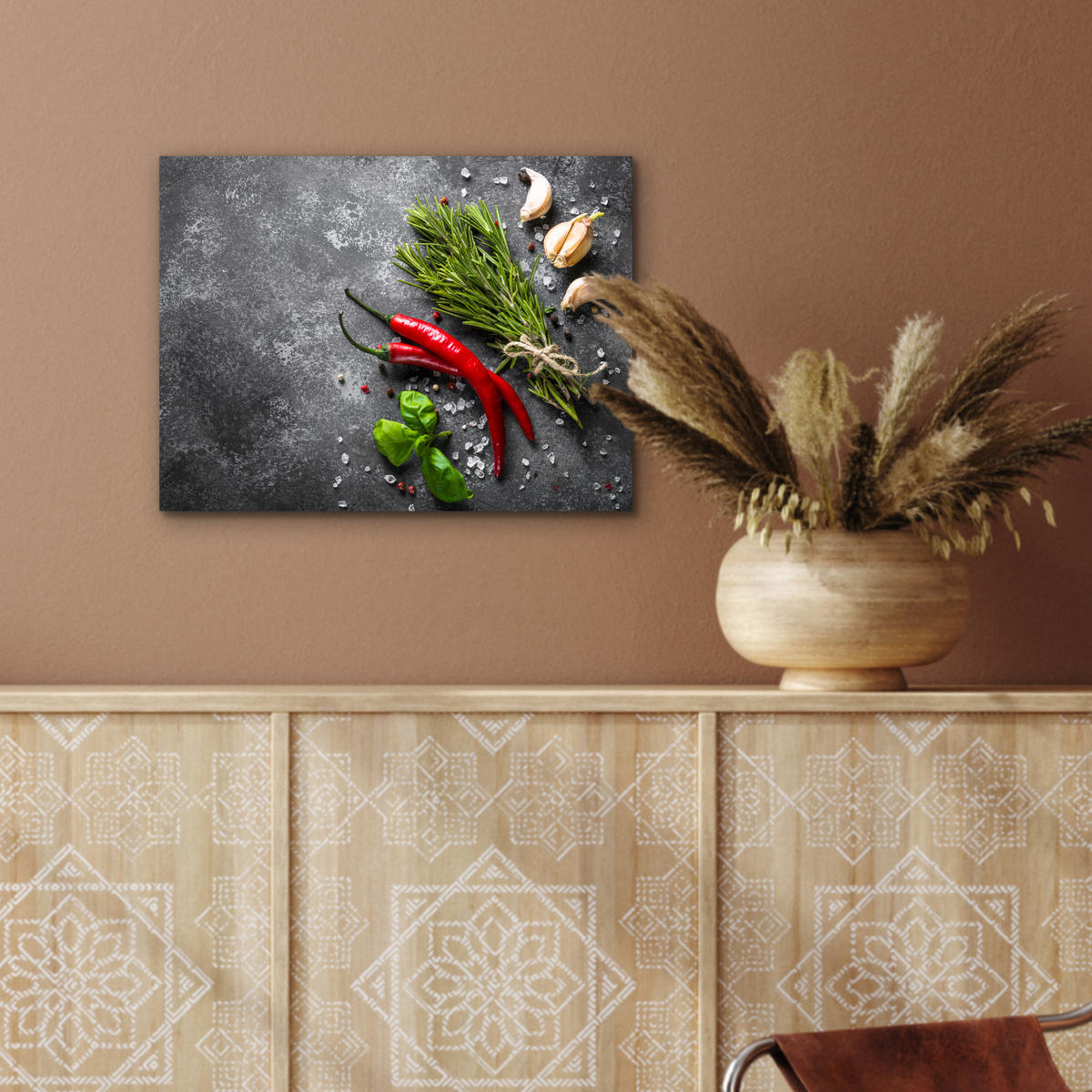 KOVOVÝ OBRAZ Korenie - bylinky - korenie - betón 40x30 cm - tmavosivá, kov (40/30cm) - MuchoWow
