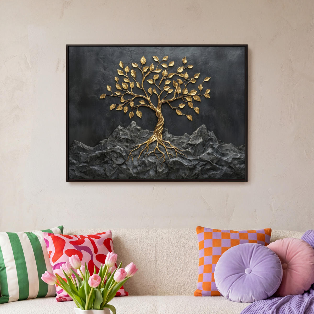 LEINWAND Bilder mit Rahmen - Blätter - Gold - Baum - Fels - 70x50 - Schwarz, Textil (70/50cm) - MuchoWow