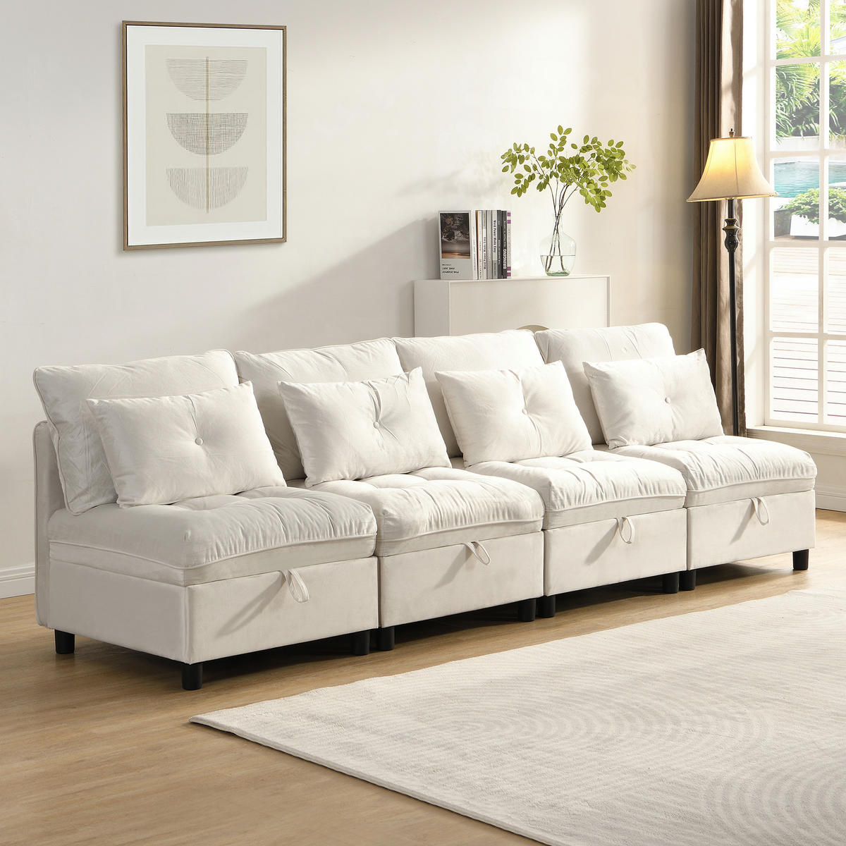 SOFA 4-Sitzer Chenille mit Stauraum und Schlaffunktion Beige 274/76/87 cm - Beige, Textil (274/87/76cm) - Redom