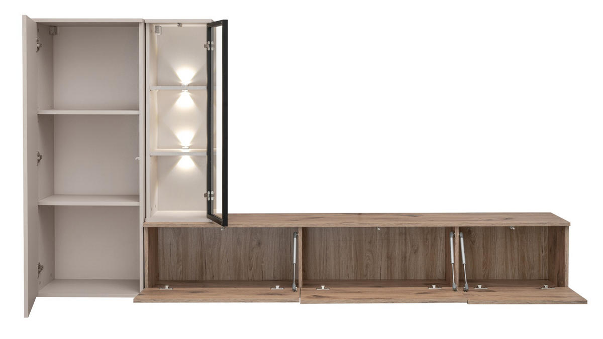 WOHNWAND Eiche, Kaschmir hängend 240 cm, Schrankwand mit Push-to-Open inklusive Beleuchtung - Kaschmir/Eichefarben, Glas/Holzwerkstoff (240/125/35cm) - Furn.Design