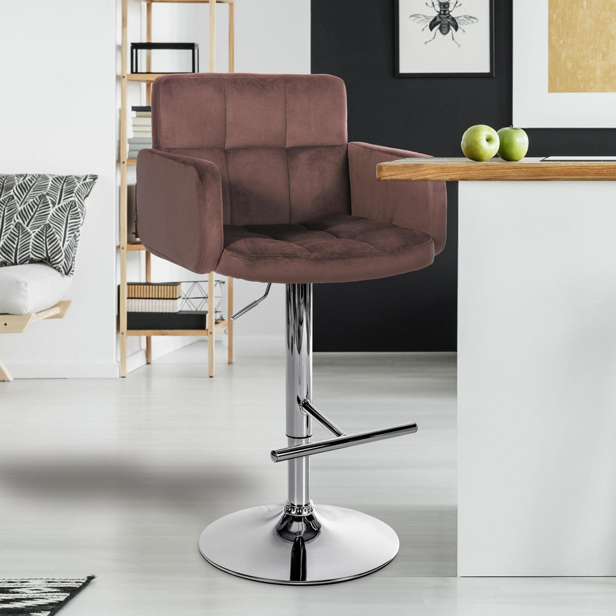 BARHOCKER Samt Braun - Chromfarben/Braun, Textil/Metall (60/93/56cm) - CLP