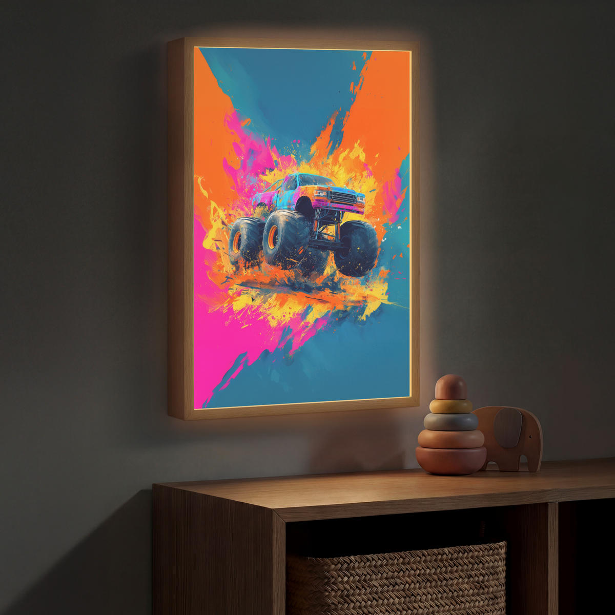 NÁSTĚNNÁ LAMPA S AKUMULÁTOREM Monster truck - Abstraktní - Stříkající barva - Barevné 40x60 cm - růžová, kompozitní dřevo (40/60/8cm) - OnlyWow