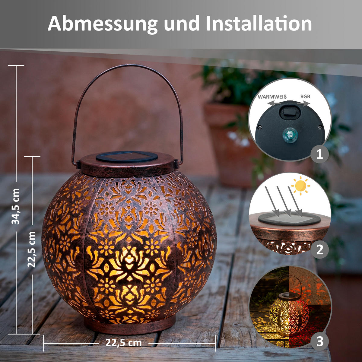 LED-SOLAR-LATERNE Marrakesh Rund Metall Kupfer-Finish Warmweiß RGB Dämmerungs-Sensor IP44 2er-Set - Kupferfarben, Metall (22.5/22.5/22.5cm) - Northpoint