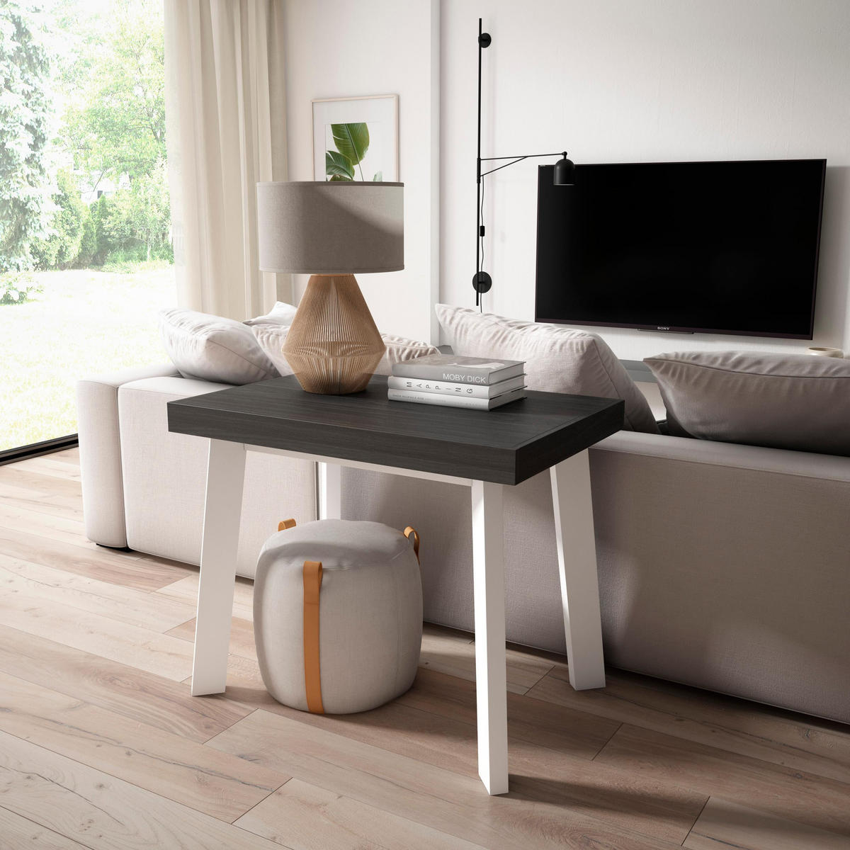 KONSOLENTISCH ausziehbar 58 bis 140cm, für 6 Gäste, weiß schwarz, 90/58/73cm - Schwarz/Weiß, Holzwerkstoff (90/140/73cm) - Skraut Home