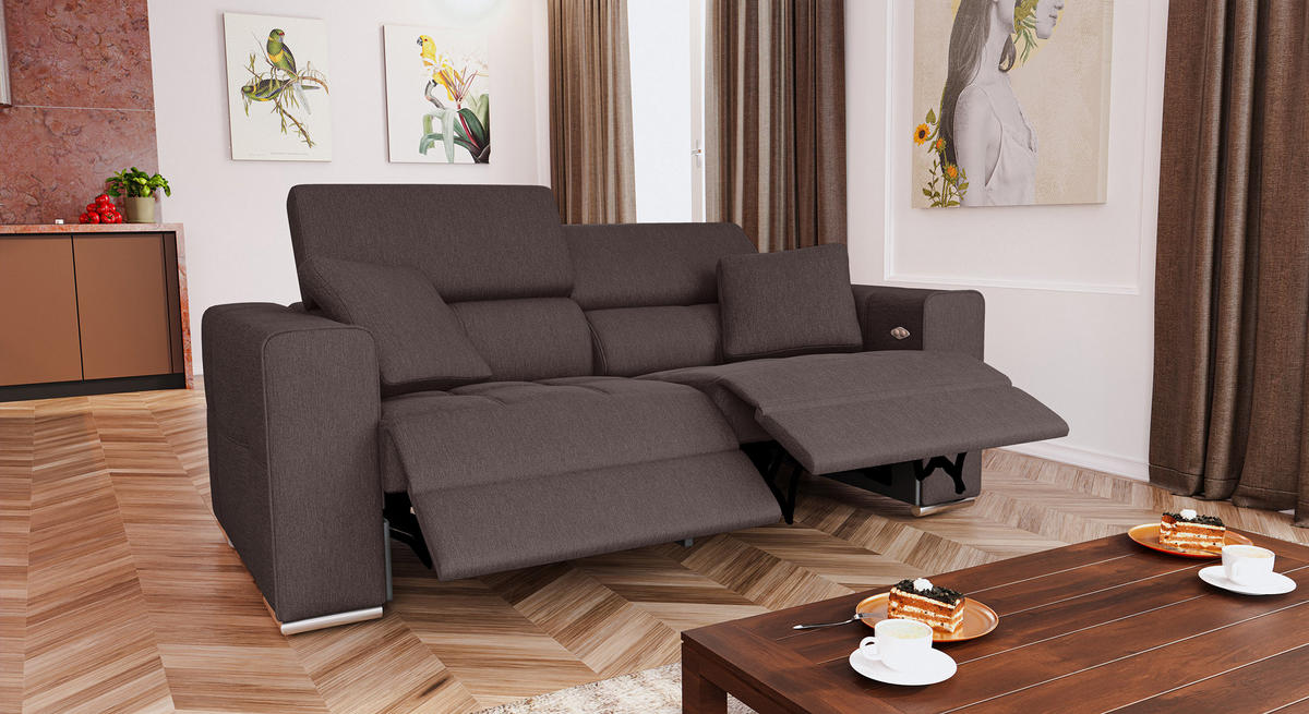 SOFA QUARTZ 3-Sitzer mit 2 Relaxfunktionen, dunkelbraun - Dunkelbraun/Silberfarben, Holzwerkstoff/Textil (204/80/102cm) - Courtois Laville