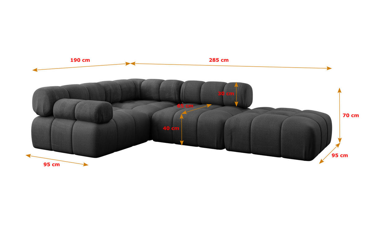 ECKSOFA modulares Sofa Felto-L1 - 285x190x70 cm Schwarz Velours - Schwarz, Holzwerkstoff/Textil (285/190cm) - ALTDECOR