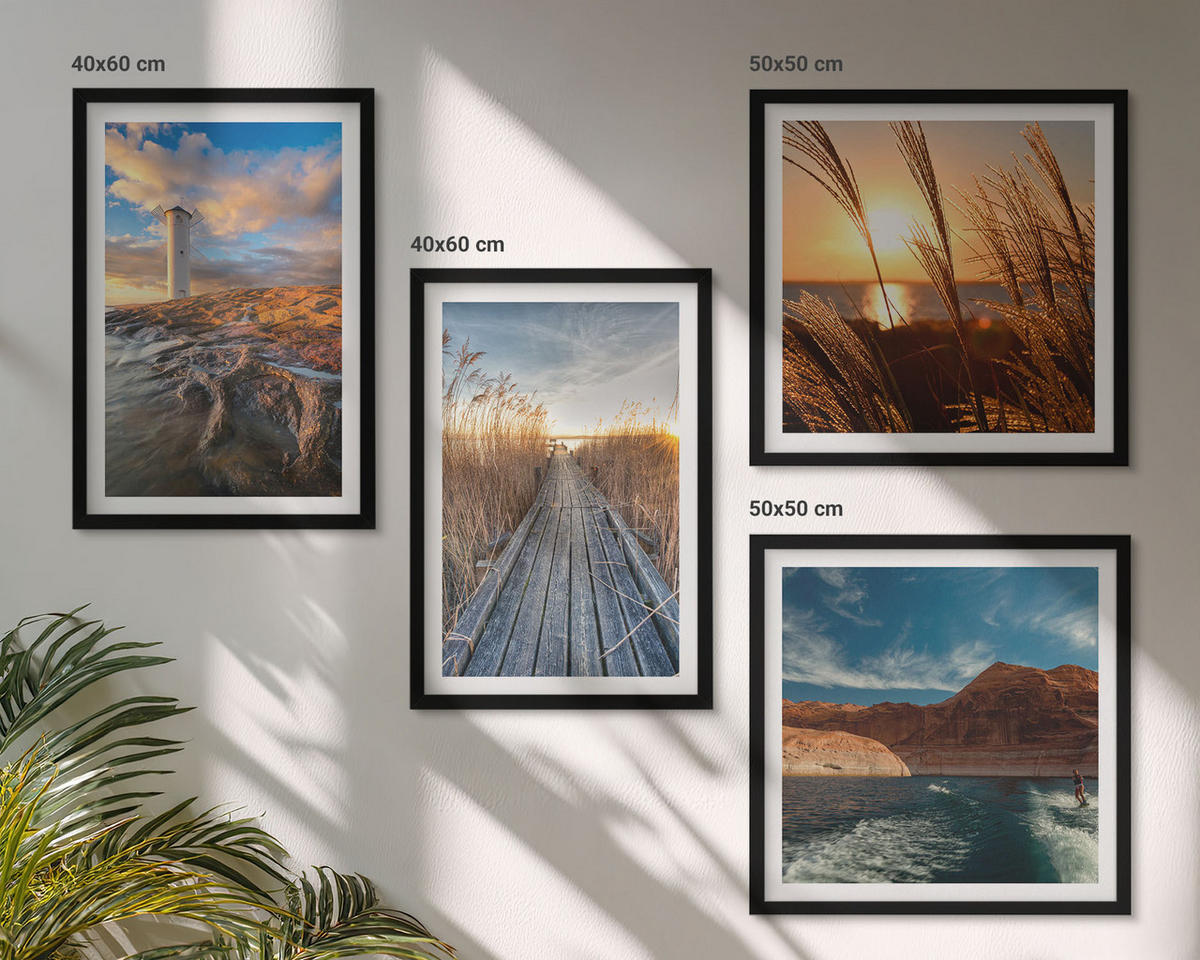 WANDBILDER 4er-Set - 50x50 cm & 40x60 cm Schwarzer Rahmen - Leuchtturm-Grassteg - Schwarz, Kunststoff (50/50cm) - ArtPrintCave