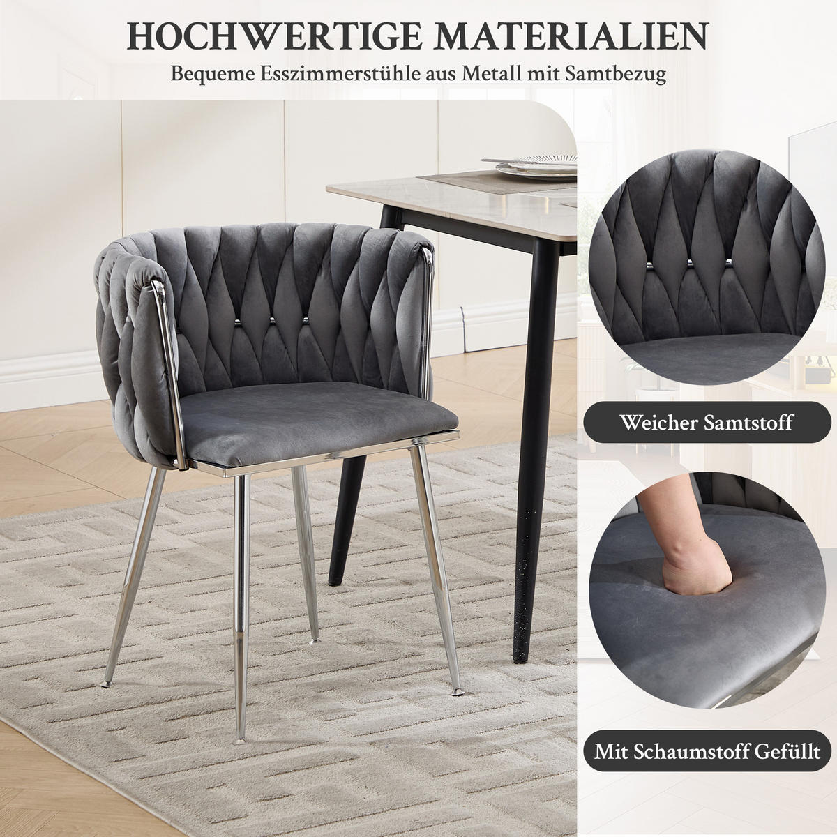 ARMLEHNSTUHL-SET DE-36443 2 Stück mit Samtbezug und Web-Design Grau - Grau, Metall (48/75/55cm) - ComfortXL