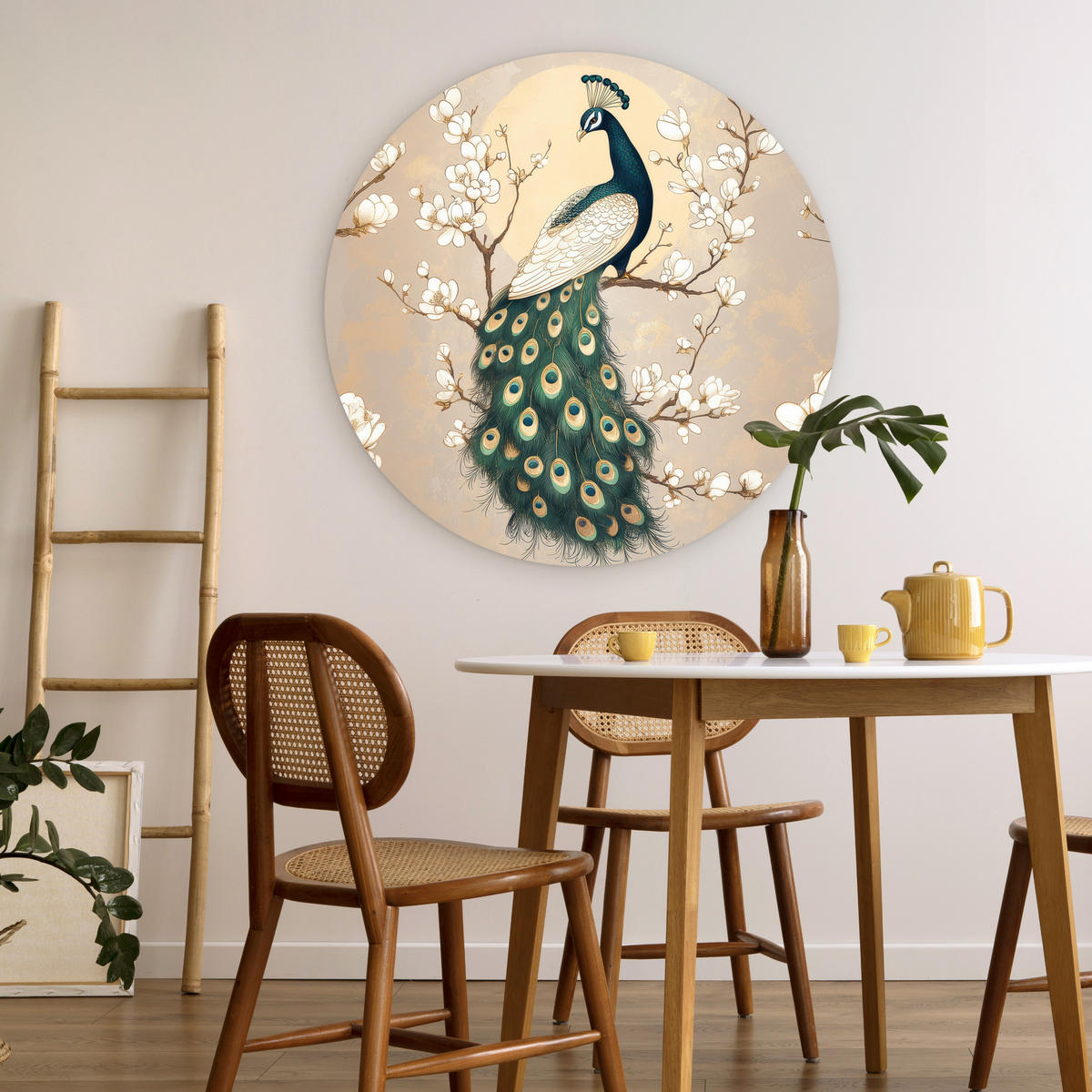 WANDBILD Pfau - Zweig - Blumen 90x90 cm - Champagner, Kunststoff (90/90cm) - MuchoWow