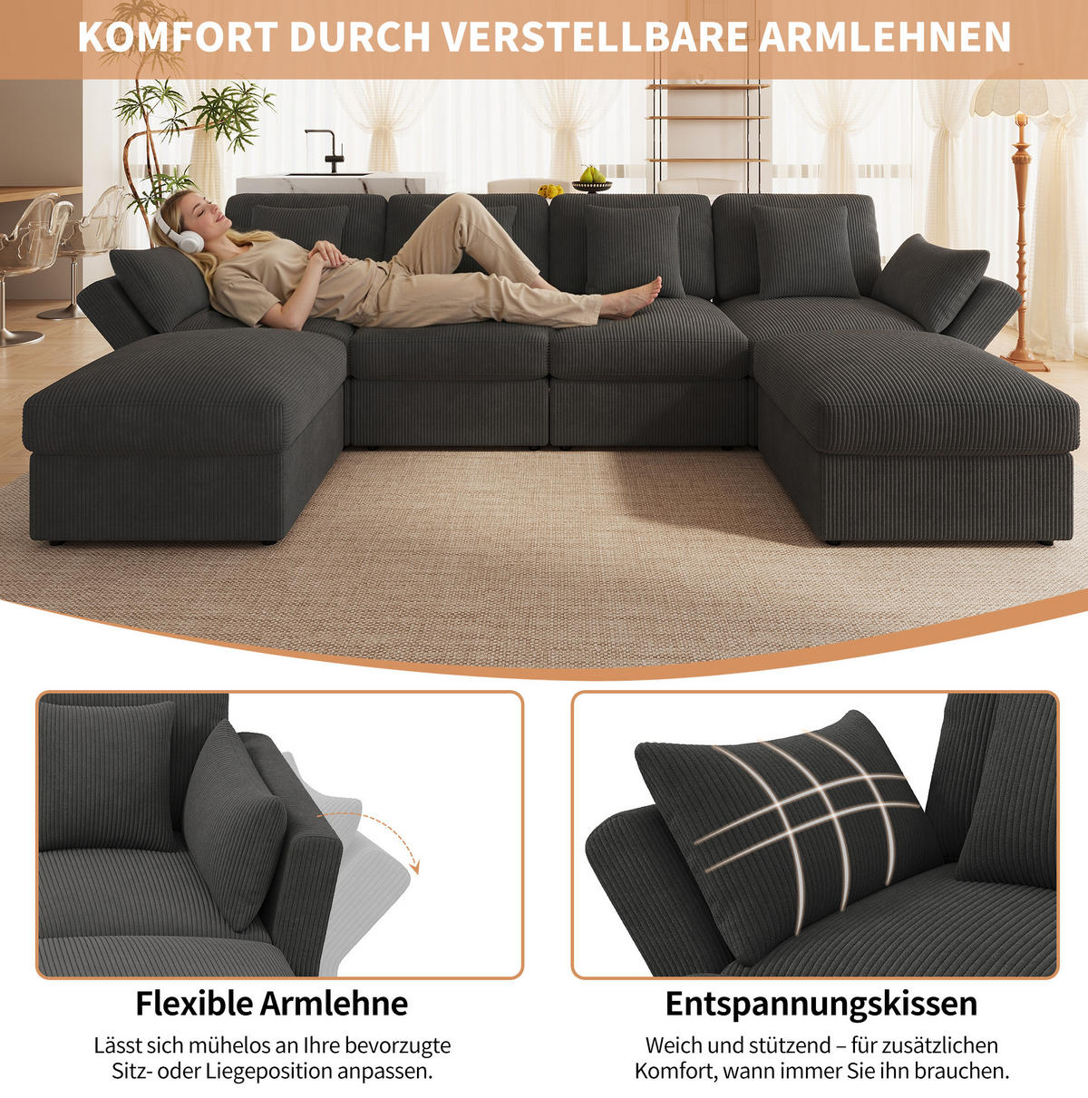 ECKSOFA 290/159,5/89 cm mit verstellbaren Armlehnen, modular und mit Hockern, Cord, Grau - Grau, Textil (290/159.5cm) - Redom