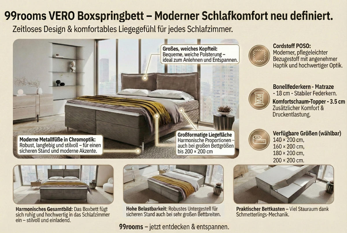 BOXSPRINGBETT VERO Cordstoff Cappuccino 200/200 cm - Schwarz/Cappuccino, Holzwerkstoff/Textil (200/200cm) - 99rooms