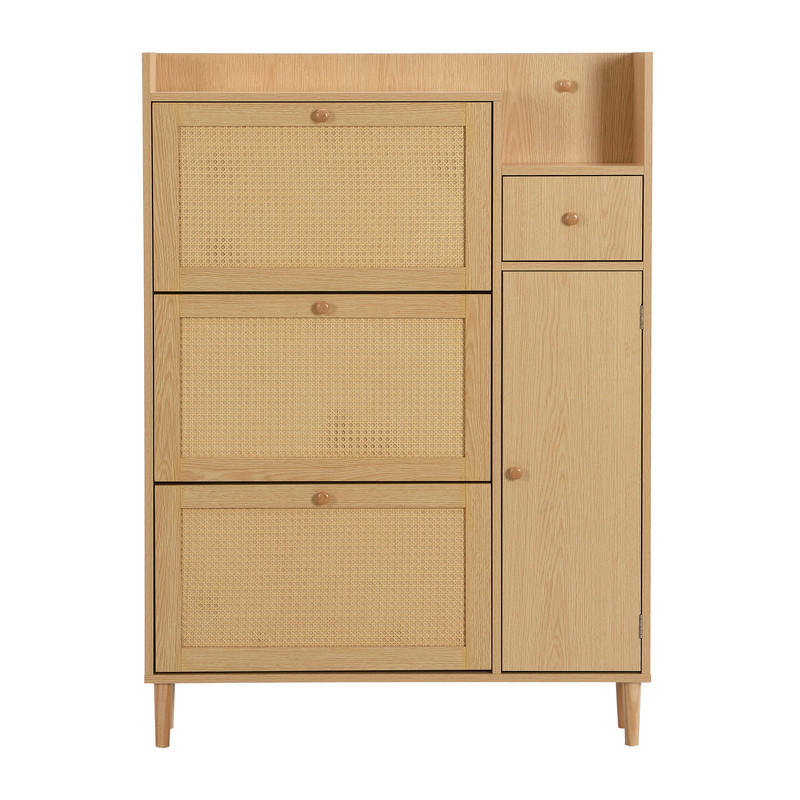 SCHUHSCHRANK Rattan mit 3 Klapptüren und 1 Schublade Massivholzbeine 90x125x17 cm - Braun, Holz (17/125/90cm) - Moorle