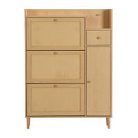 SCHUHSCHRANK Rattan mit 3 Klapptüren und 1 Schublade Massivholzbeine 90x125x17 cm - Braun, Holz (17/125/90cm) - Moorle
