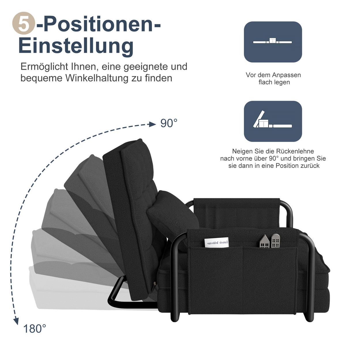 SCHLAFSOFA 5-fach verstellbar, Multifunktional, Schwarz Bouclé-Stoff - Schwarz, Holz (78/55/180cm)