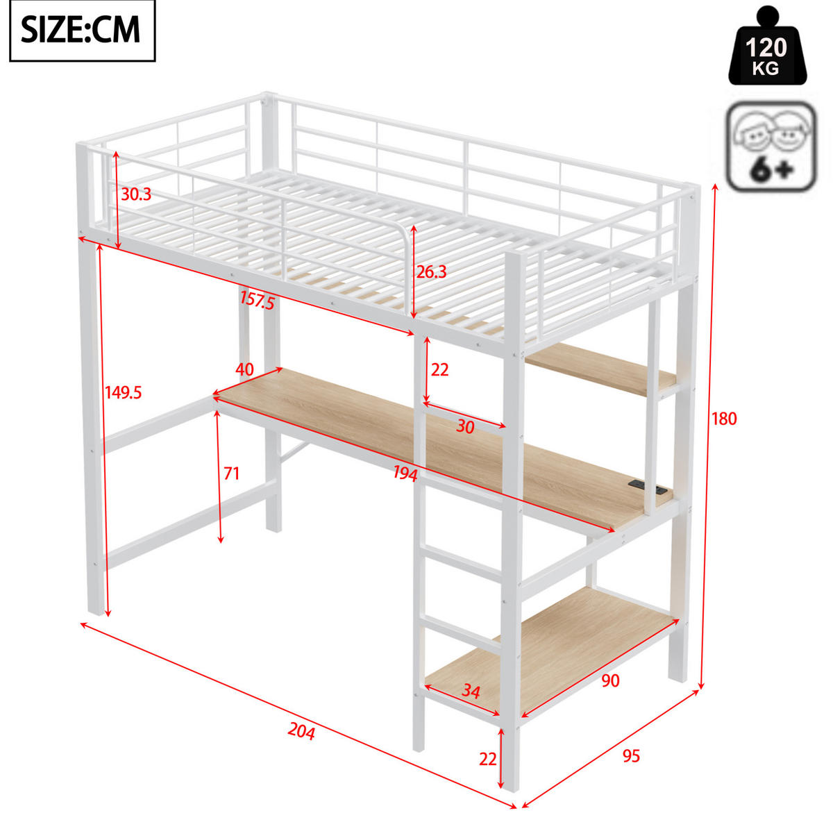 HOCHBETT 90/200 cm mit Geländer USB und LED-Beleuchtung Schreibtisch und Regalen mit Matratze - Weiß, Metall (90/200cm) - OKWISH