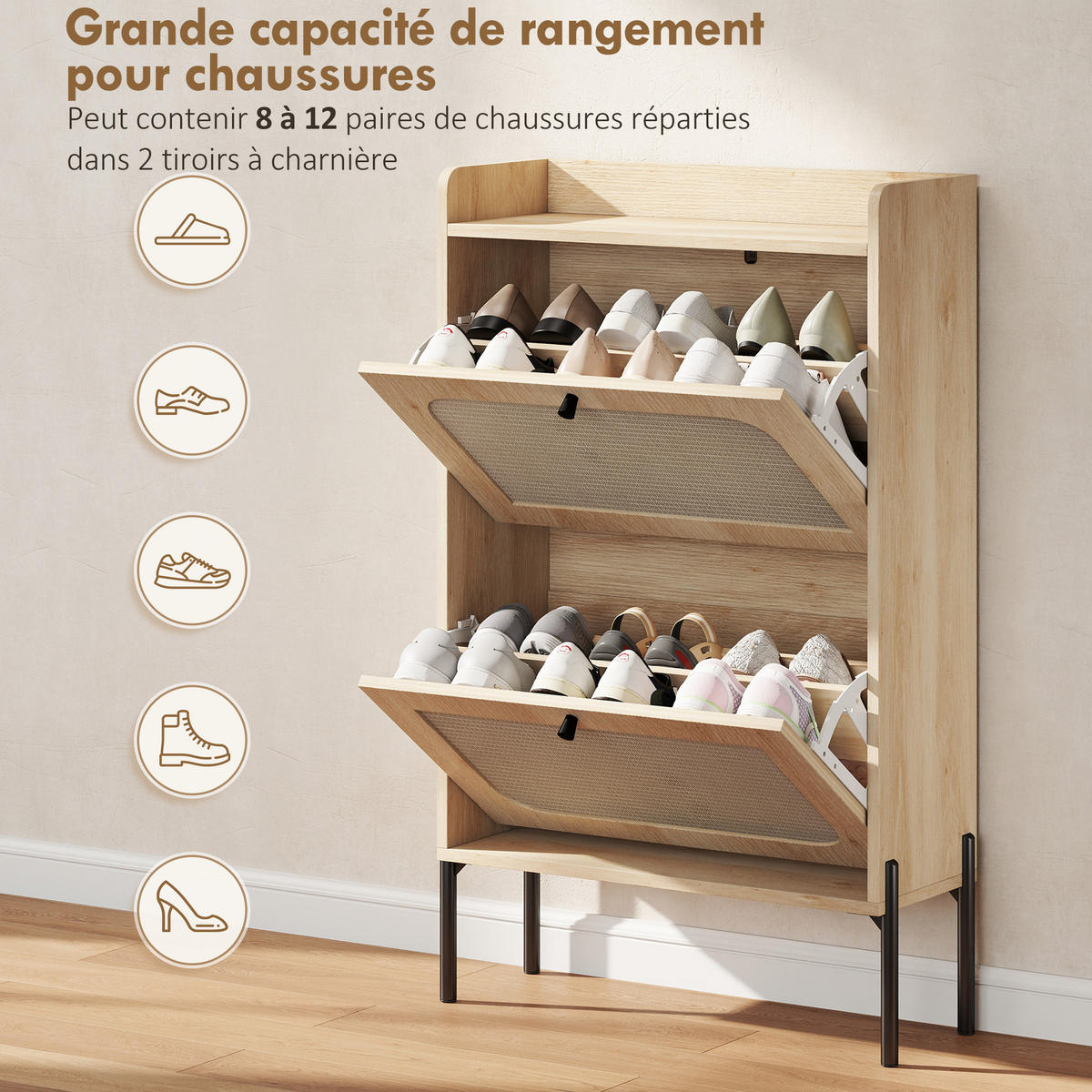 SCHUHSCHRANK Eiche-Optik Rattan klappbar mit Fächern 1 Stück - Eichefarben, Holzwerkstoff (60/99.5/23.7cm) - PANGIVO
