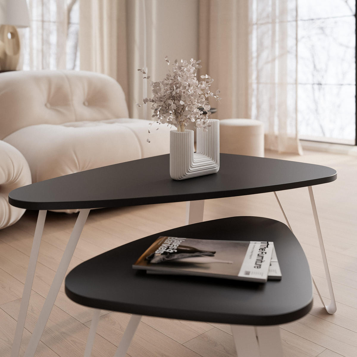 SATZTISCH NOA Stahlgestell, Freiform, Kaschmir / Schwarz Molet - Kaschmir/Schwarz, Holzwerkstoff/Metall (94/60/42cm) - Idohome