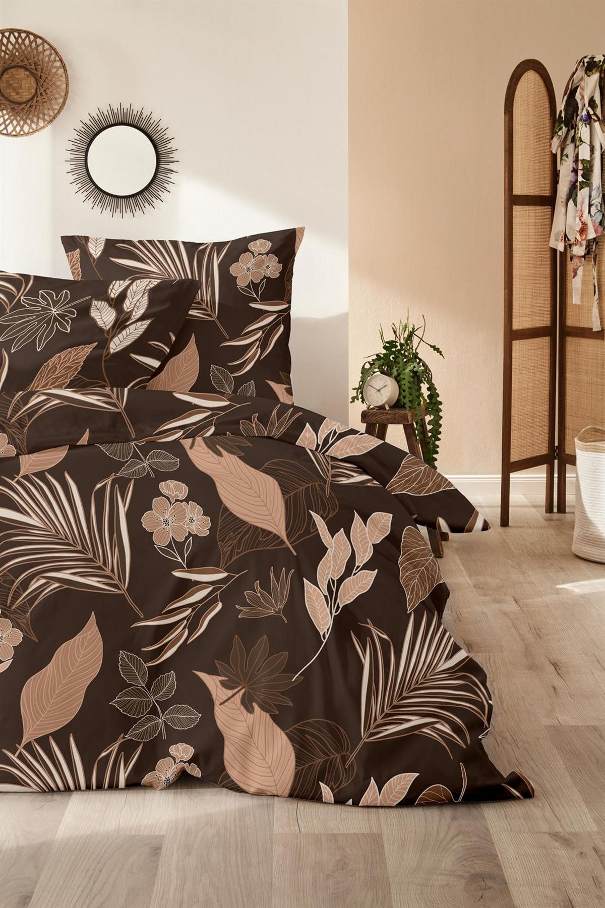 BIBER-BETTWÄSCHE 155x220 - Kuschelig warmer Flanell Bettbezug aus 100% Baumwolle für Herbst & Winter - Blüten und Blätter - Braun, Textil (155/220cm) - Carpe Sonno