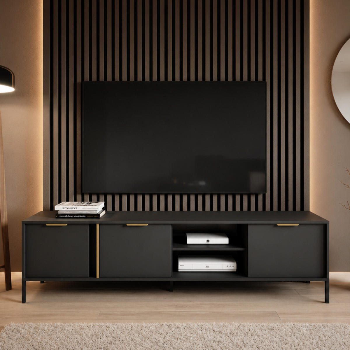 TV-LOWBOARD Valdi F 203 cm Anthrazit / Gold - mit 3 Türen und offener Nische - Anthrazit/Gelb, Holz/Holzwerkstoff (203/53/39cm) - Ravio