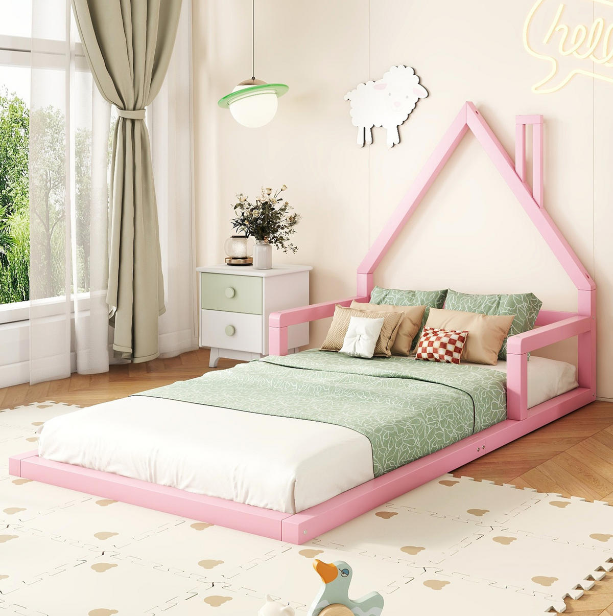 KINDERBETT aus Kiefernholz und MDF 90x200 cm Rosa in Hausform, pflegeleicht und stabil - Rosa, Holzwerkstoff (90/200cm) - Modfu