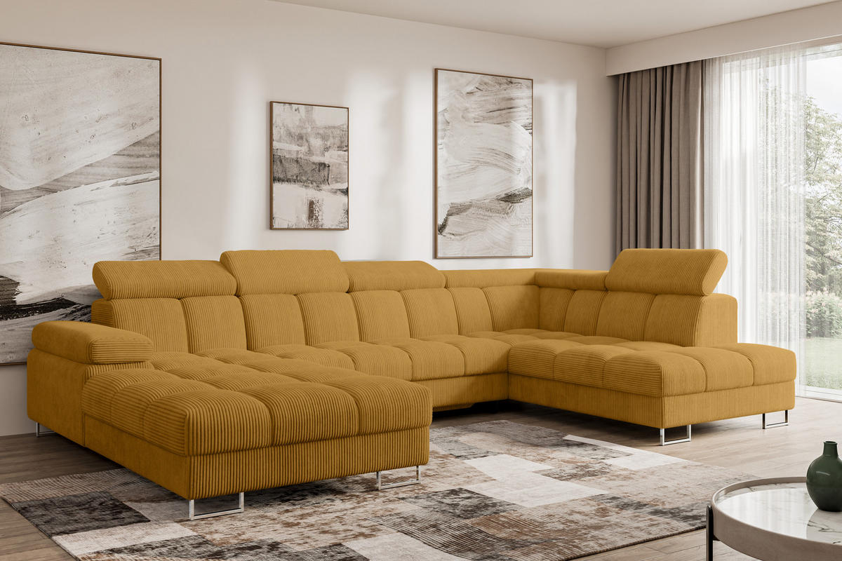 WOHNLANDSCHAFT mit Schlaffunktion und Bettkasten Ottomane RECHTS COMA U 345x203x79 Senfgelb Cord - Honig, Holzwerkstoff/Textil (203/79/345cm) - ALTDECOR