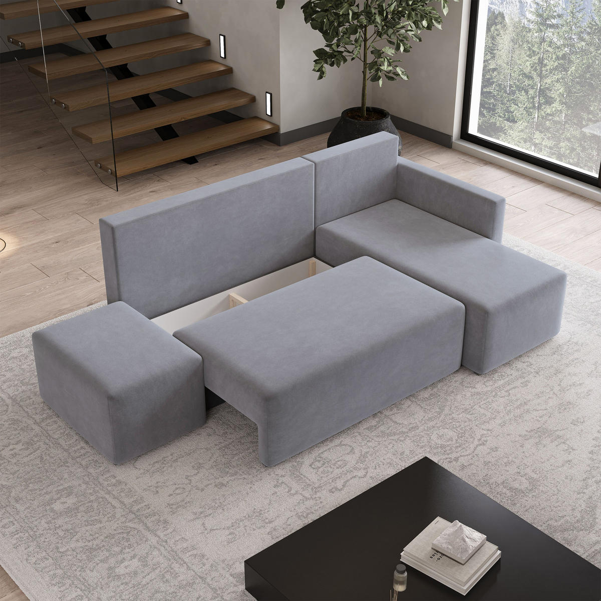 ECKSOFA VELOTTI R-S Grau Plüsch-Stoff mit Schlaffunktion - Grau, Holz (261/143cm) - MASSENO