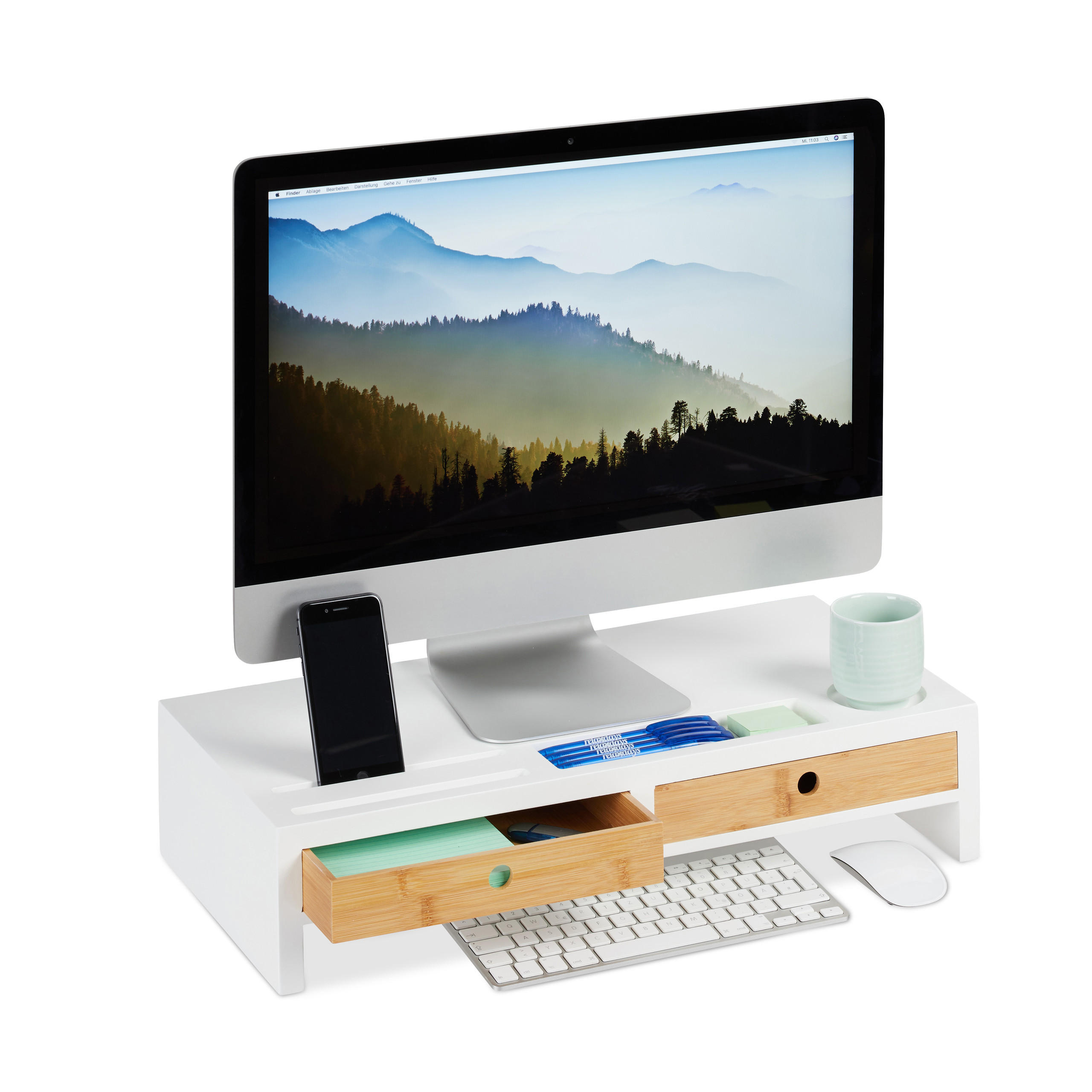 MONITORSTÄNDER Weiß Natur 2-Schubladen - Multicolor, Holz/Holzwerkstoff (27/55.5/12cm) - Relaxdays