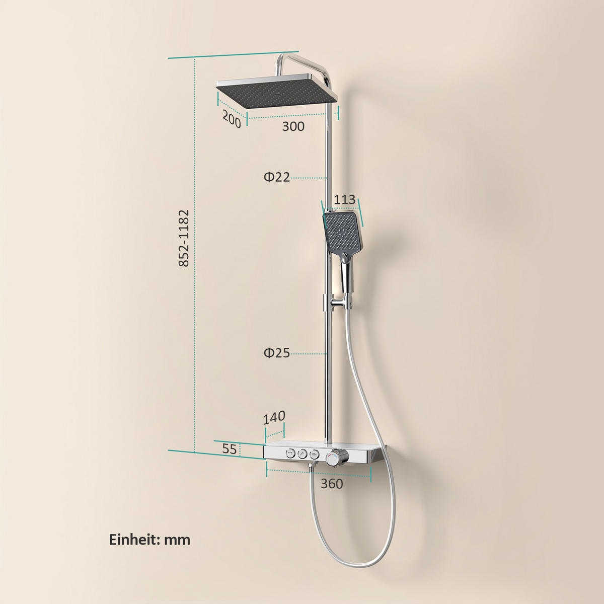 ÜBERKOPFBRAUSESET mit Thermostat höhenverstellbar Chrom 112,7/46 cm - Chromfarben, Metall (36/118/46cm) - EMKE